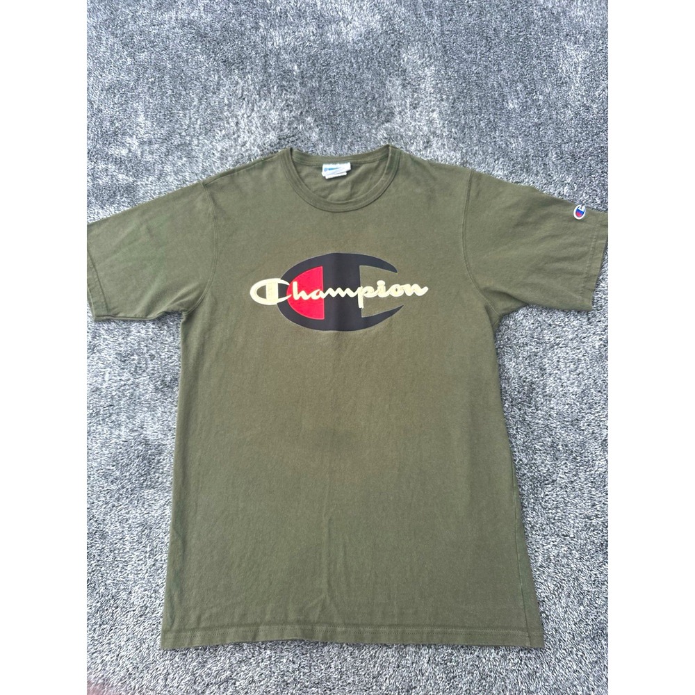 Vintage Y2K Champion Big Logo T Shirt Men's Medium Olive Green Spellout Graphic